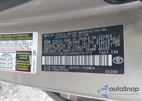 2008 Toyota Camry Le из США, поврежденный, VIN 4T1BE46K88U791372